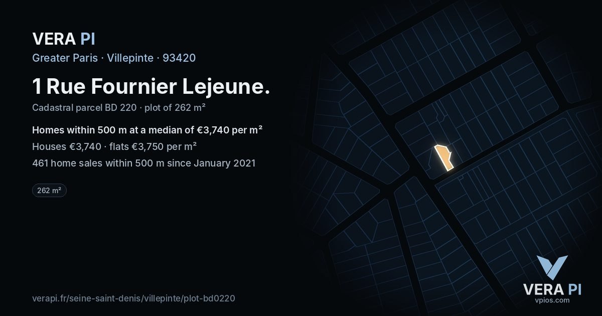 1 Rue Fournier Lejeune, Villepinte at night – the plot lit, the parcels around coloured by the prices near them