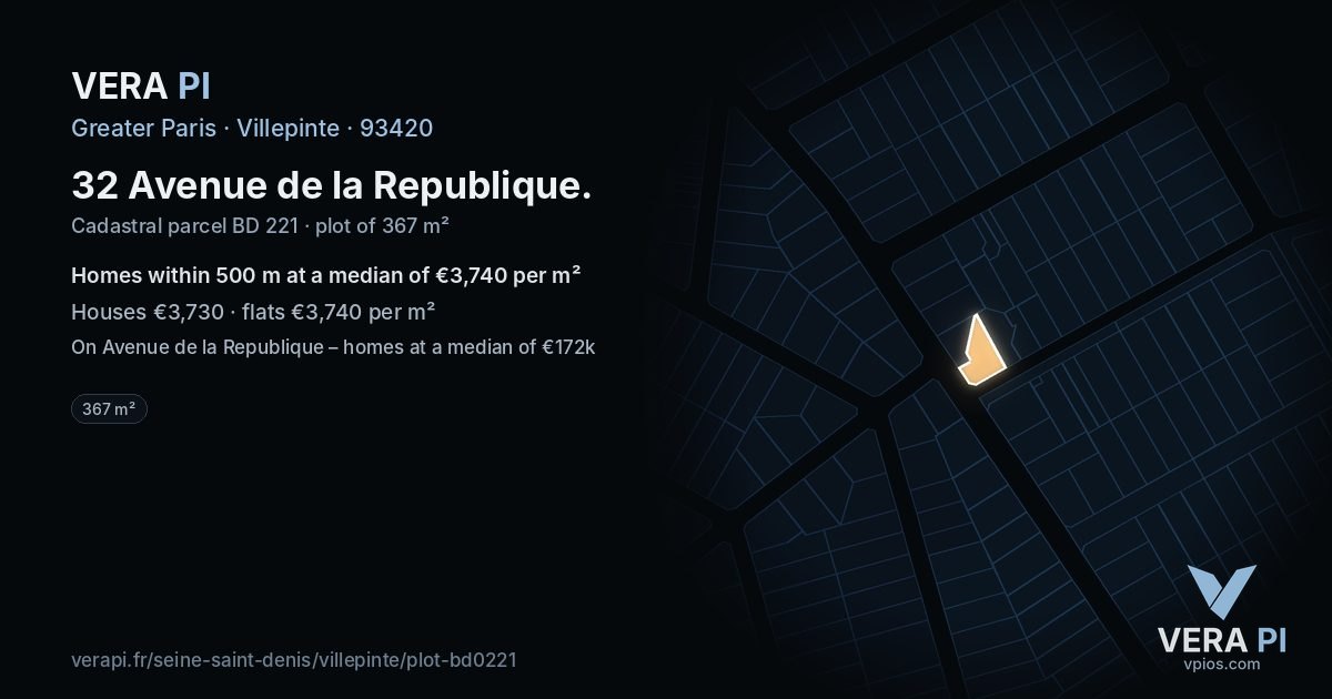 32 Avenue de la Republique, Villepinte at night – the plot lit, the parcels around coloured by the prices near them