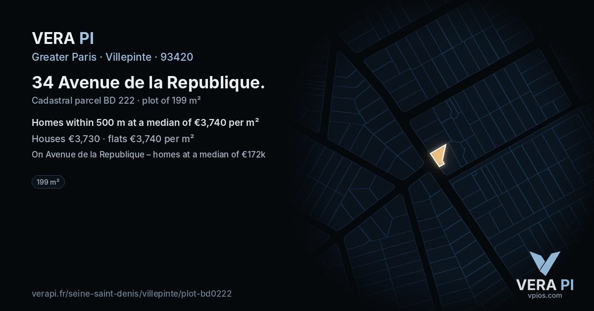 34 Avenue de la Republique, Villepinte at night – the plot lit, the parcels around coloured by the prices near them