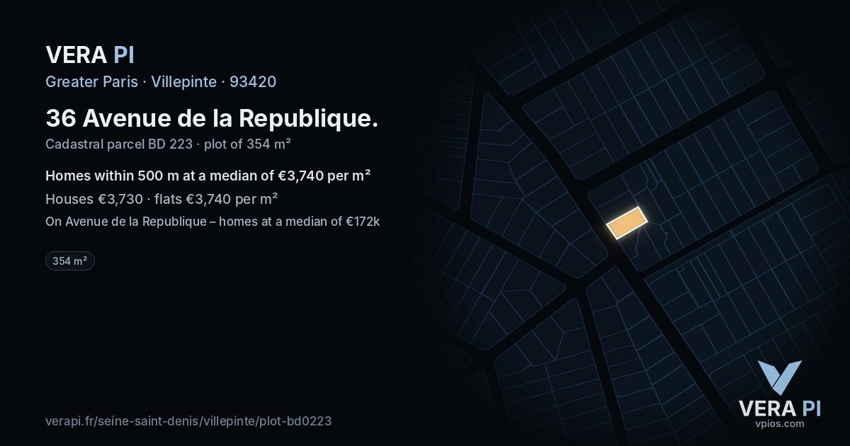 36 Avenue de la Republique, Villepinte at night – the plot lit, the parcels around coloured by the prices near them