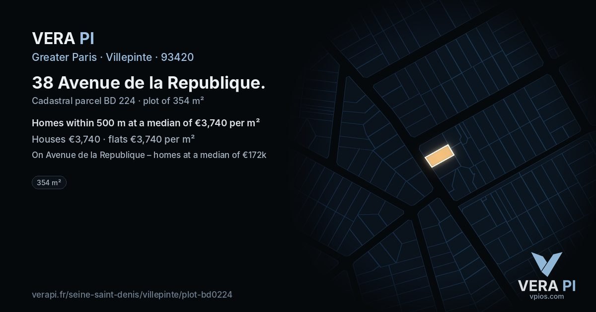38 Avenue de la Republique, Villepinte at night – the plot lit, the parcels around coloured by the prices near them