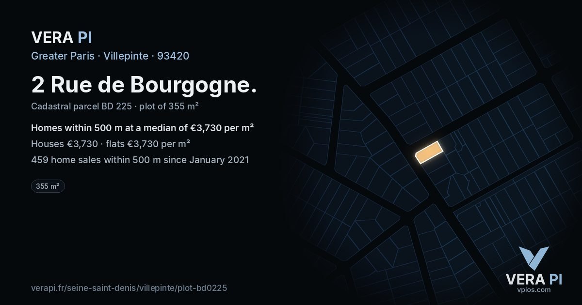 2 Rue de Bourgogne, Villepinte at night – the plot lit, the parcels around coloured by the prices near them