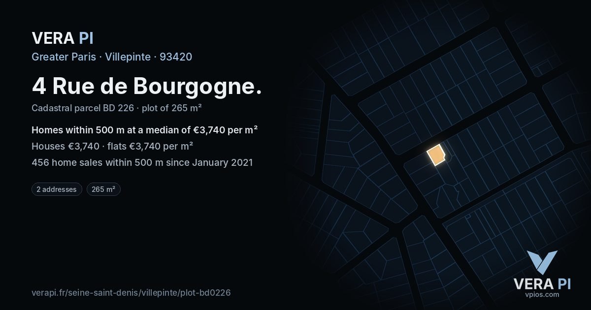 4 Rue de Bourgogne, Villepinte at night – the plot lit, the parcels around coloured by the prices near them