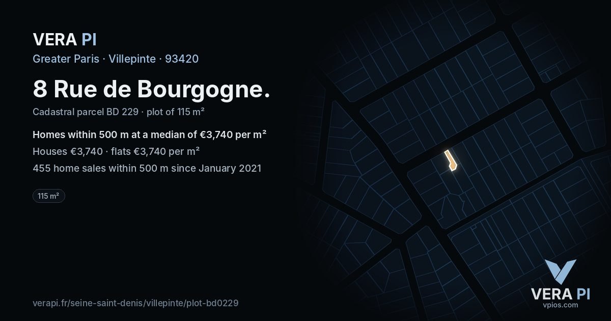 8 Rue de Bourgogne, Villepinte at night – the plot lit, the parcels around coloured by the prices near them