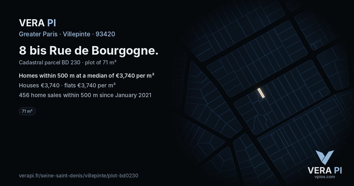 8 bis Rue de Bourgogne, Villepinte at night – the plot lit, the parcels around coloured by the prices near them