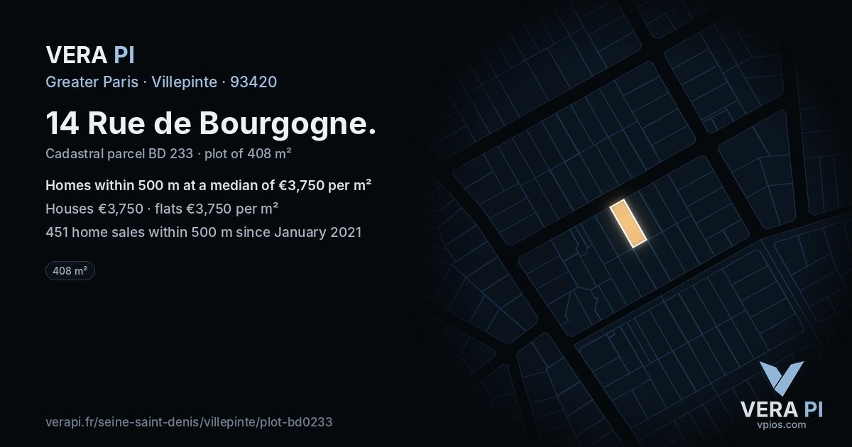 14 Rue de Bourgogne, Villepinte at night – the plot lit, the parcels around coloured by the prices near them