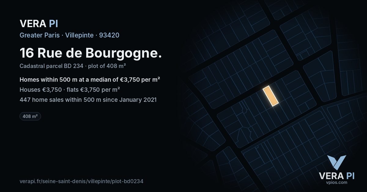 16 Rue de Bourgogne, Villepinte at night – the plot lit, the parcels around coloured by the prices near them
