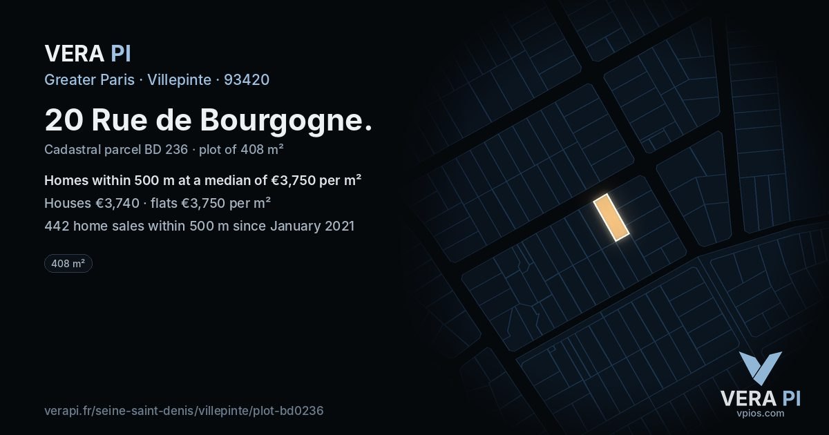 20 Rue de Bourgogne, Villepinte at night – the plot lit, the parcels around coloured by the prices near them