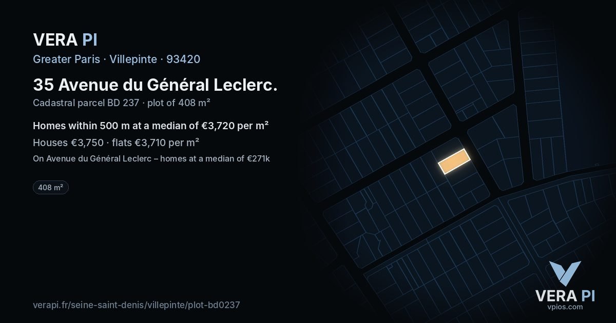 35 Avenue du Général Leclerc, Villepinte at night – the plot lit, the parcels around coloured by the prices near them