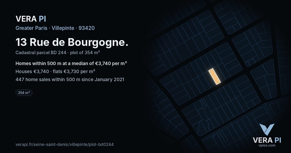 13 Rue de Bourgogne, Villepinte at night – the plot lit, the parcels around coloured by the prices near them