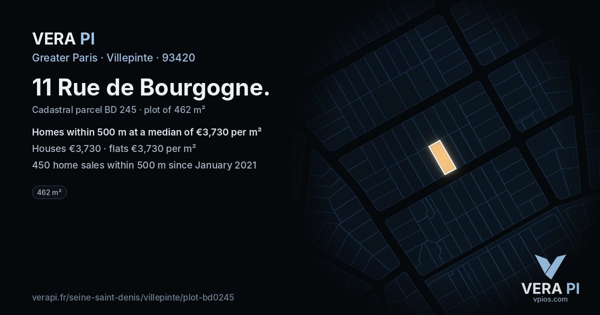 11 Rue de Bourgogne, Villepinte at night – the plot lit, the parcels around coloured by the prices near them