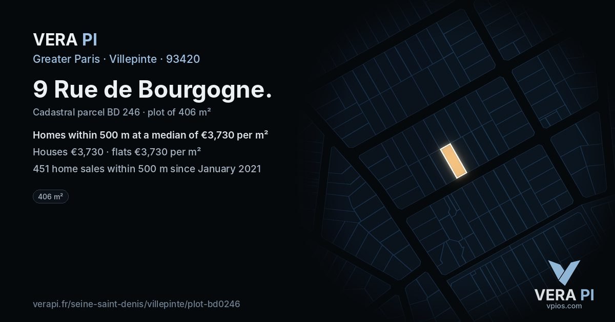 9 Rue de Bourgogne, Villepinte at night – the plot lit, the parcels around coloured by the prices near them
