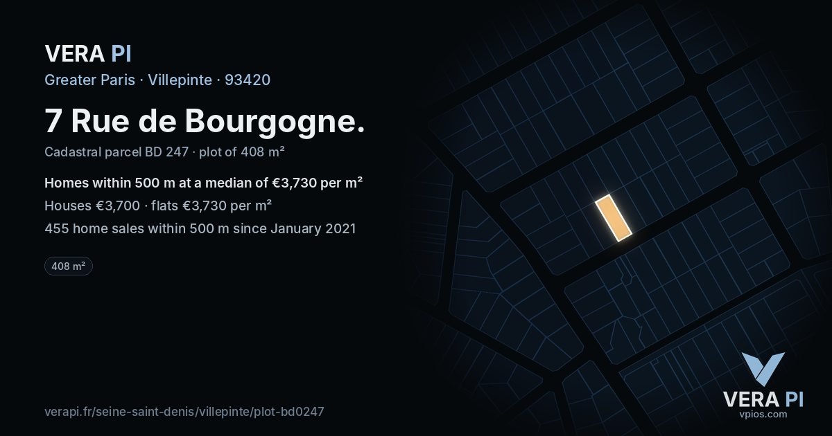 7 Rue de Bourgogne, Villepinte at night – the plot lit, the parcels around coloured by the prices near them
