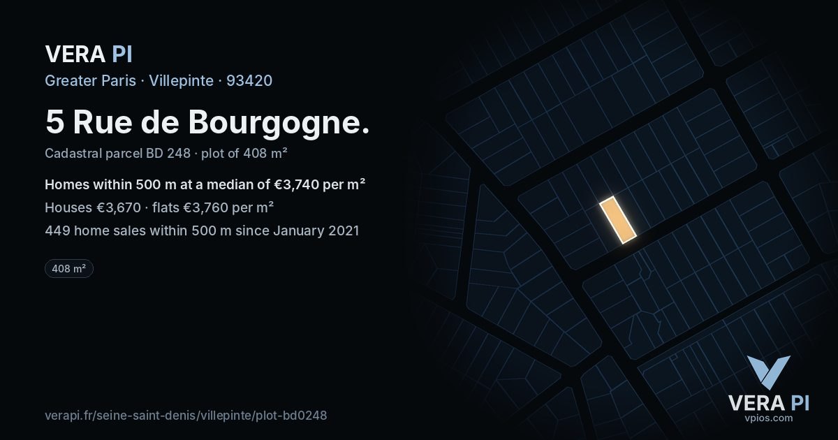 5 Rue de Bourgogne, Villepinte at night – the plot lit, the parcels around coloured by the prices near them