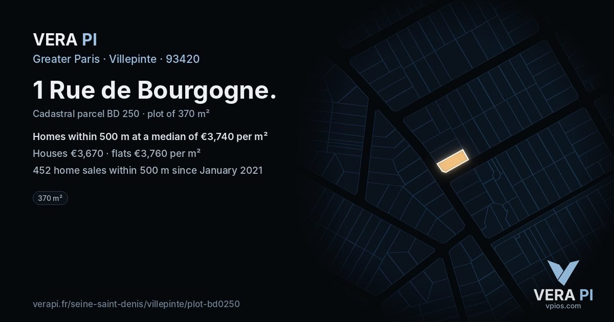 1 Rue de Bourgogne, Villepinte at night – the plot lit, the parcels around coloured by the prices near them