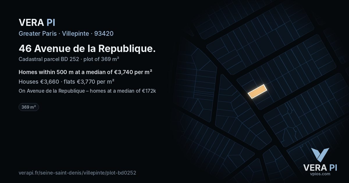 46 Avenue de la Republique, Villepinte at night – the plot lit, the parcels around coloured by the prices near them