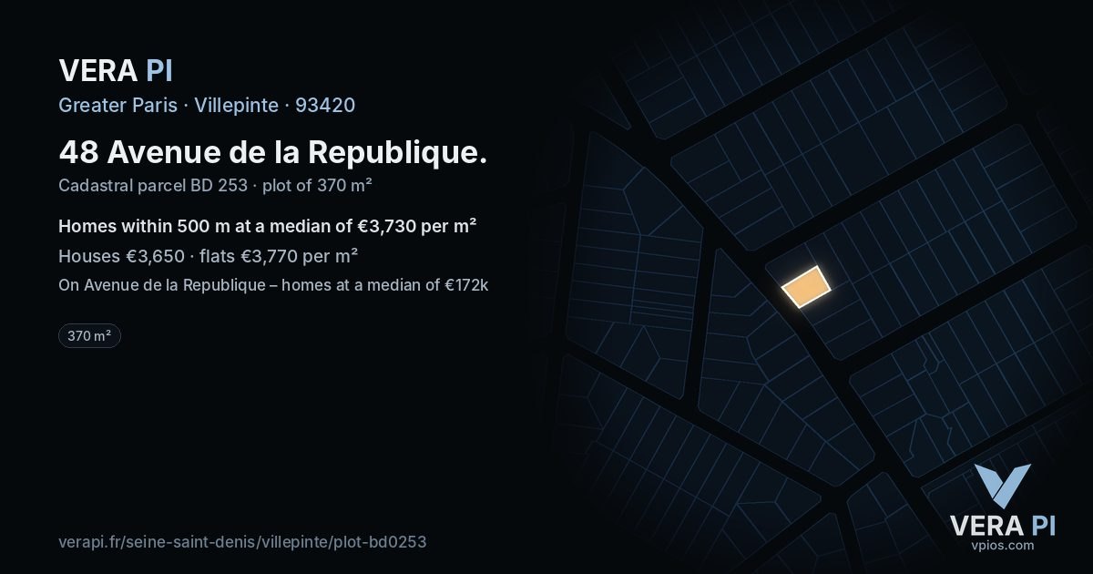 48 Avenue de la Republique, Villepinte at night – the plot lit, the parcels around coloured by the prices near them