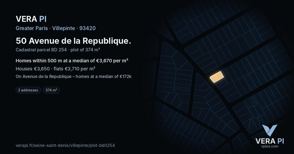 50 Avenue de la Republique, Villepinte at night – the plot lit, the parcels around coloured by the prices near them