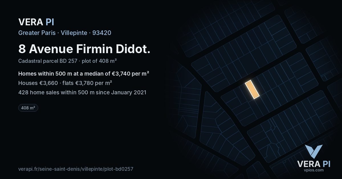 8 Avenue Firmin Didot, Villepinte at night – the plot lit, the parcels around coloured by the prices near them