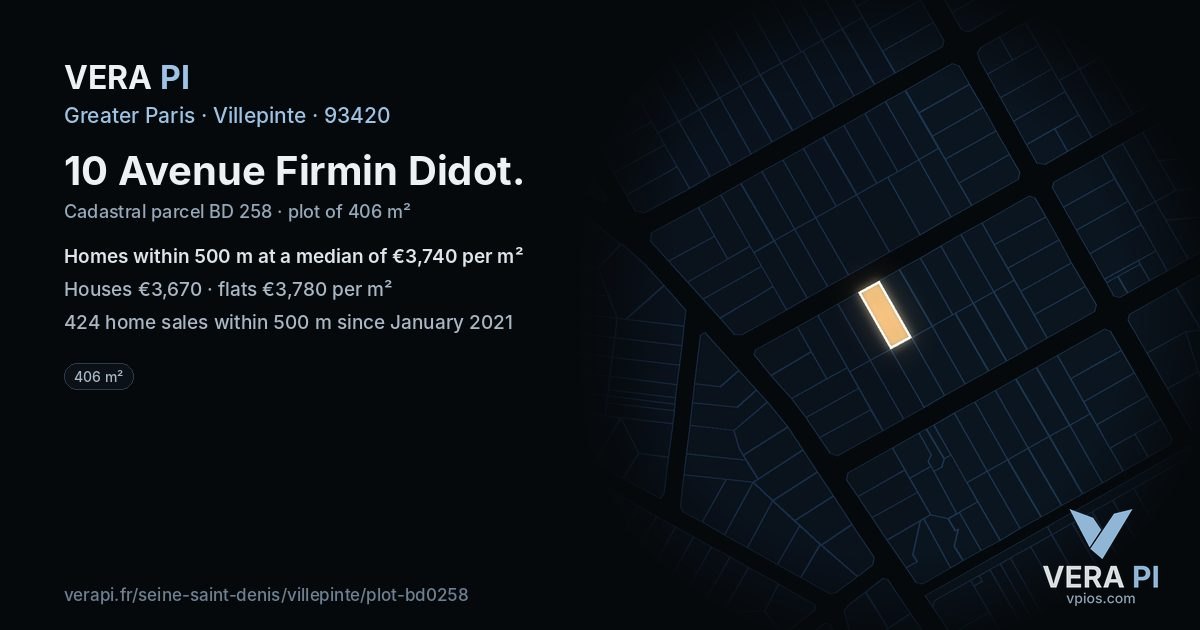 10 Avenue Firmin Didot, Villepinte at night – the plot lit, the parcels around coloured by the prices near them