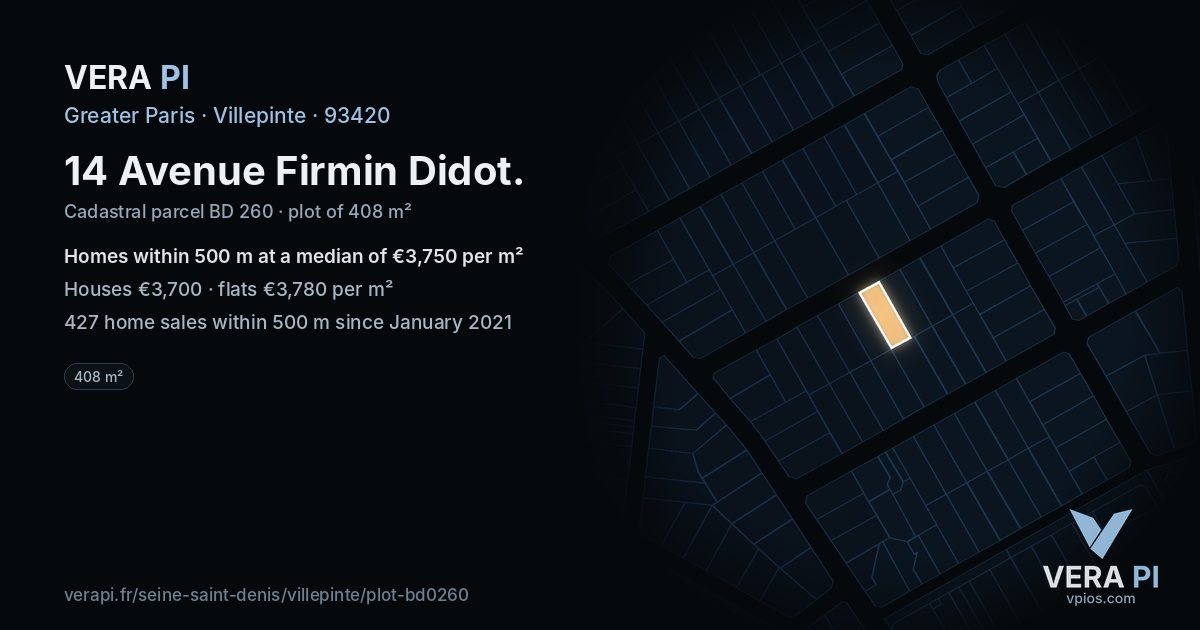14 Avenue Firmin Didot, Villepinte at night – the plot lit, the parcels around coloured by the prices near them
