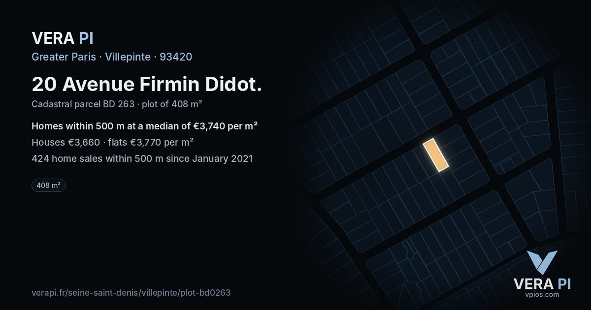 20 Avenue Firmin Didot, Villepinte at night – the plot lit, the parcels around coloured by the prices near them