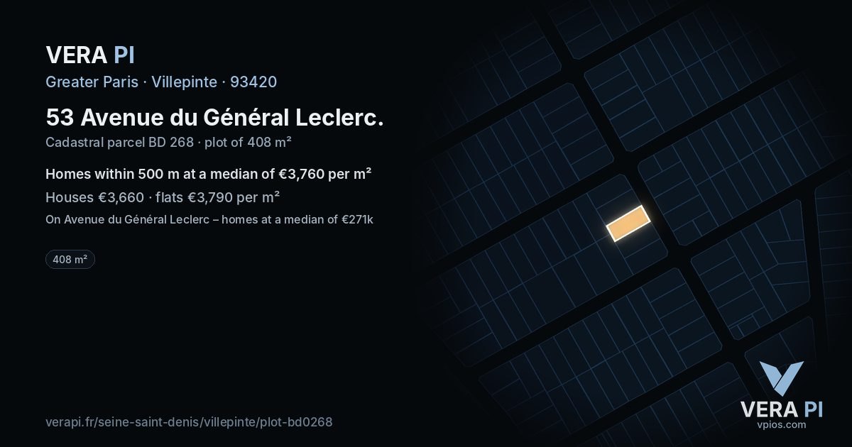 53 Avenue du Général Leclerc, Villepinte at night – the plot lit, the parcels around coloured by the prices near them