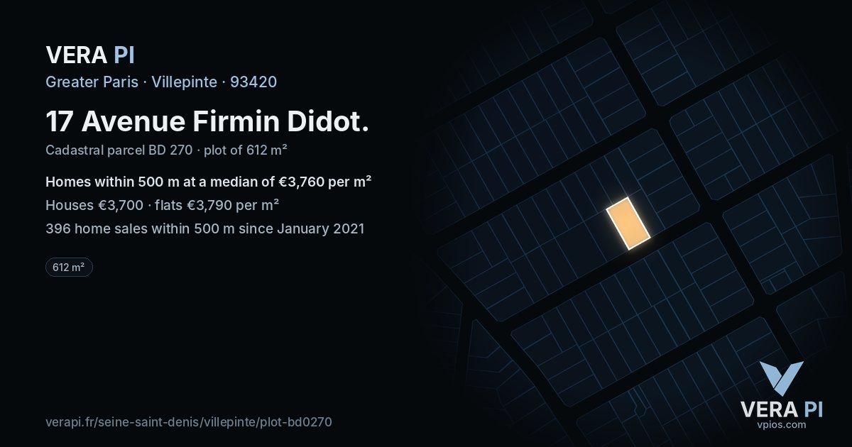 17 Avenue Firmin Didot, Villepinte at night – the plot lit, the parcels around coloured by the prices near them