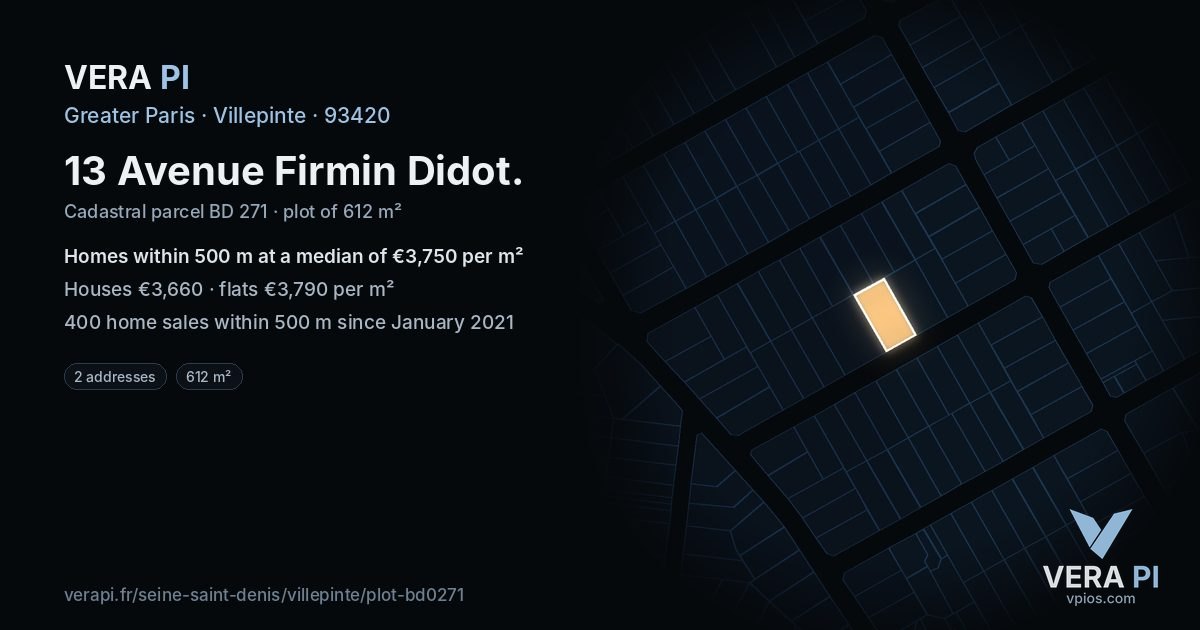 13 Avenue Firmin Didot, Villepinte at night – the plot lit, the parcels around coloured by the prices near them