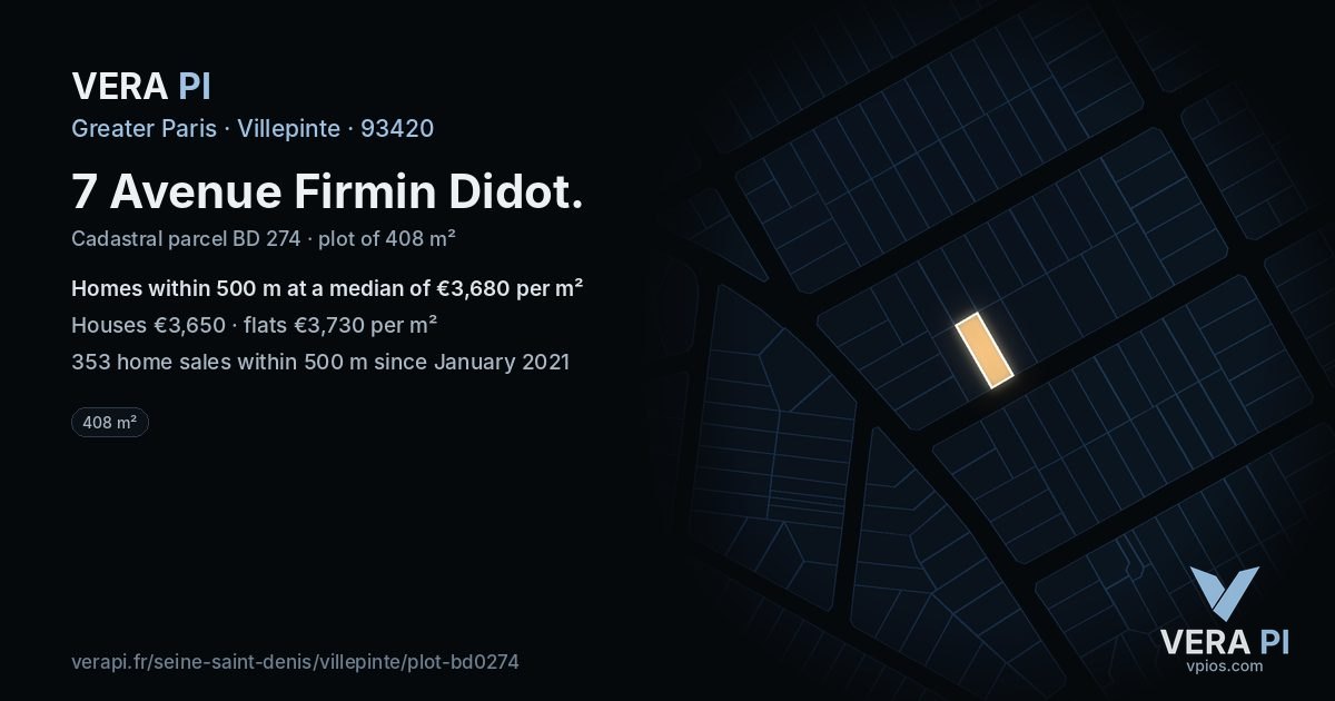 7 Avenue Firmin Didot, Villepinte at night – the plot lit, the parcels around coloured by the prices near them
