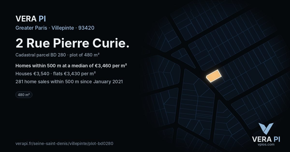 2 Rue Pierre Curie, Villepinte at night – the plot lit, the parcels around coloured by the prices near them