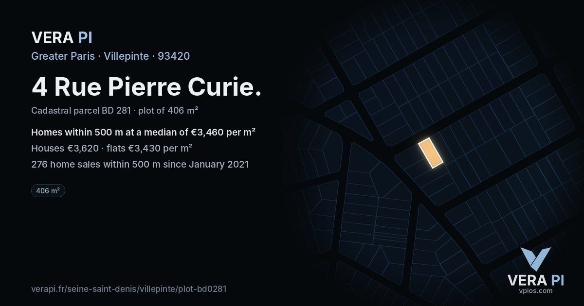 4 Rue Pierre Curie, Villepinte at night – the plot lit, the parcels around coloured by the prices near them