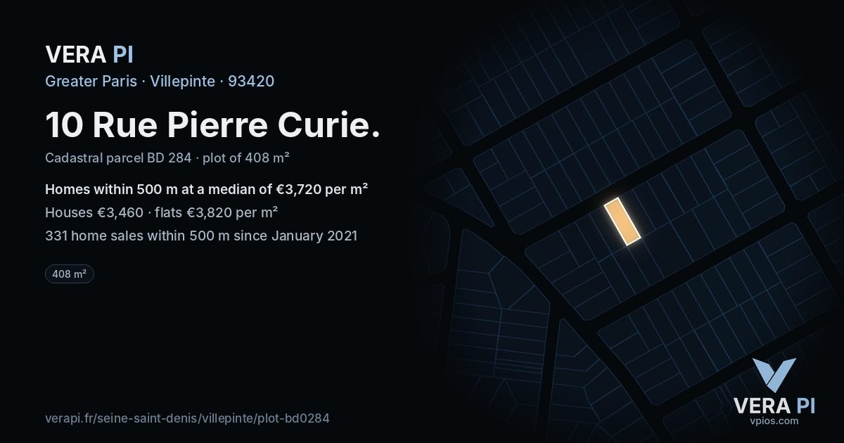 10 Rue Pierre Curie, Villepinte at night – the plot lit, the parcels around coloured by the prices near them
