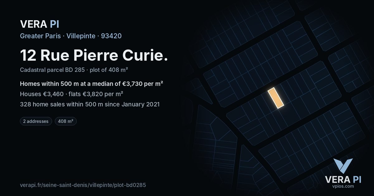 12 Rue Pierre Curie, Villepinte at night – the plot lit, the parcels around coloured by the prices near them