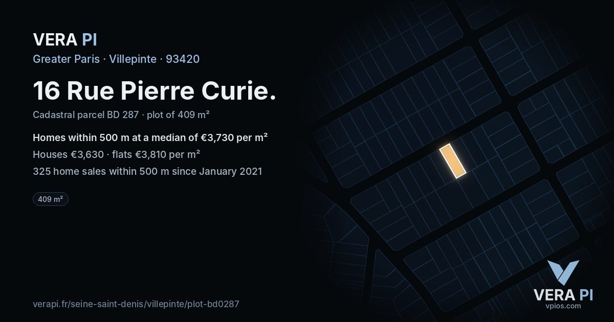 16 Rue Pierre Curie, Villepinte at night – the plot lit, the parcels around coloured by the prices near them