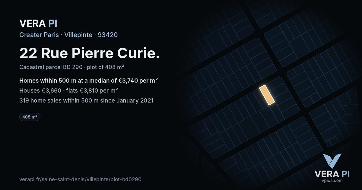 22 Rue Pierre Curie, Villepinte at night – the plot lit, the parcels around coloured by the prices near them