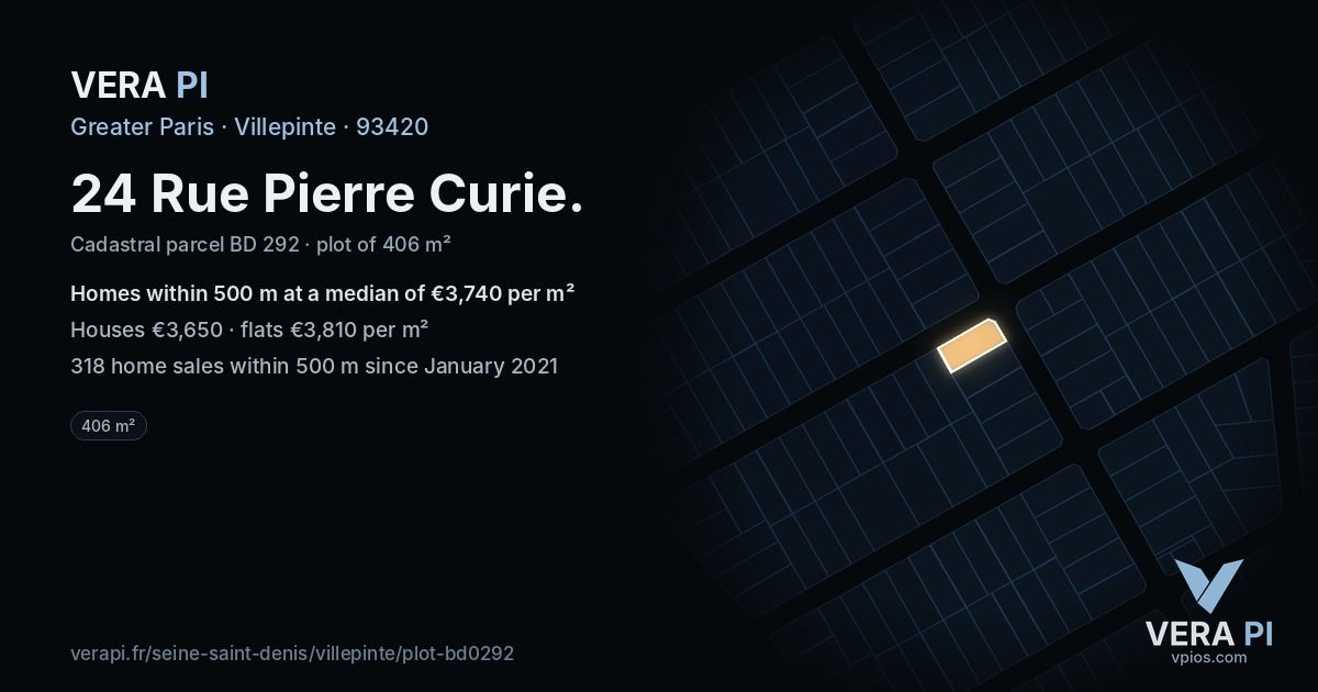 24 Rue Pierre Curie, Villepinte at night – the plot lit, the parcels around coloured by the prices near them