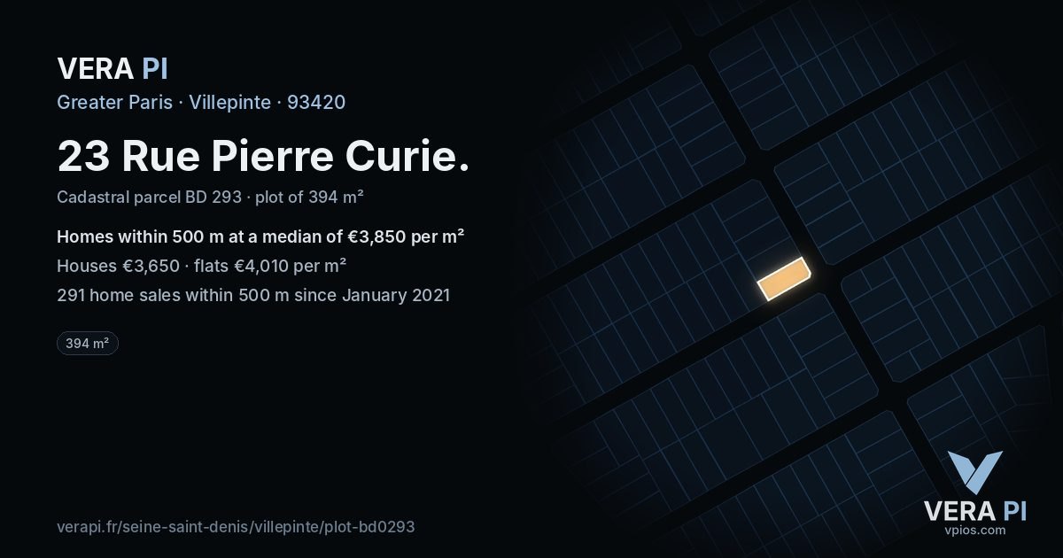 23 Rue Pierre Curie, Villepinte at night – the plot lit, the parcels around coloured by the prices near them