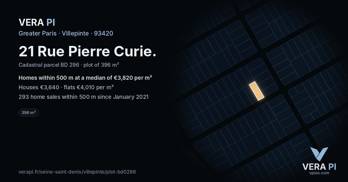 21 Rue Pierre Curie, Villepinte at night – the plot lit, the parcels around coloured by the prices near them