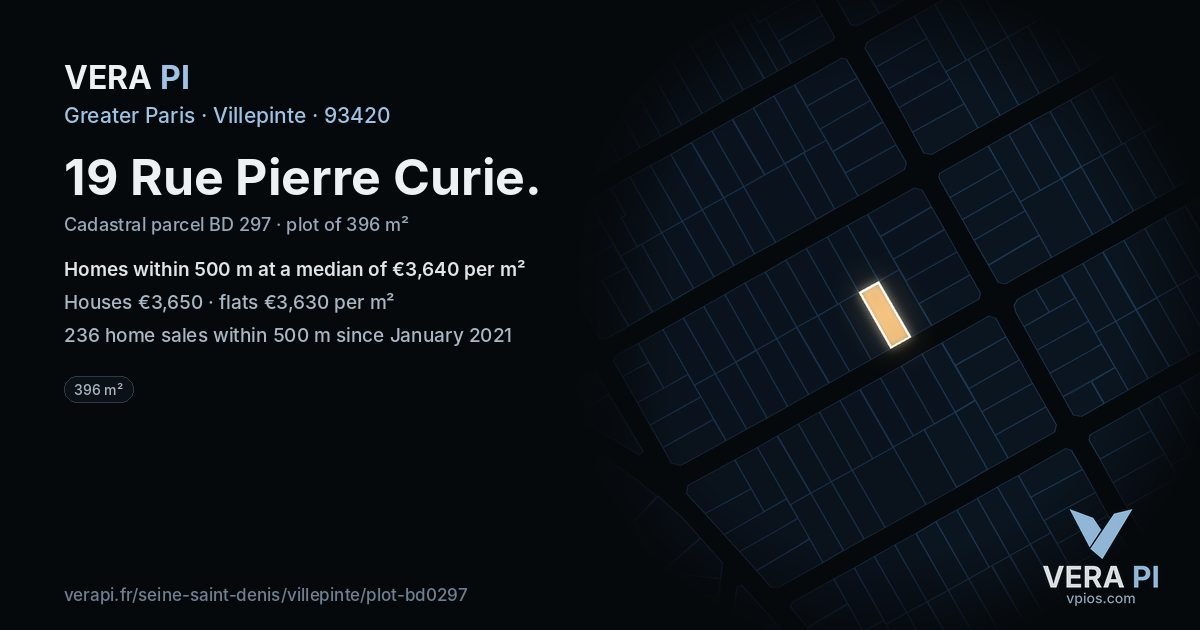 19 Rue Pierre Curie, Villepinte at night – the plot lit, the parcels around coloured by the prices near them
