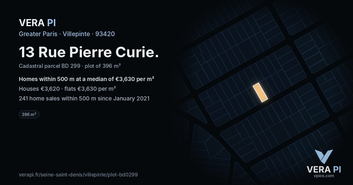 13 Rue Pierre Curie, Villepinte at night – the plot lit, the parcels around coloured by the prices near them