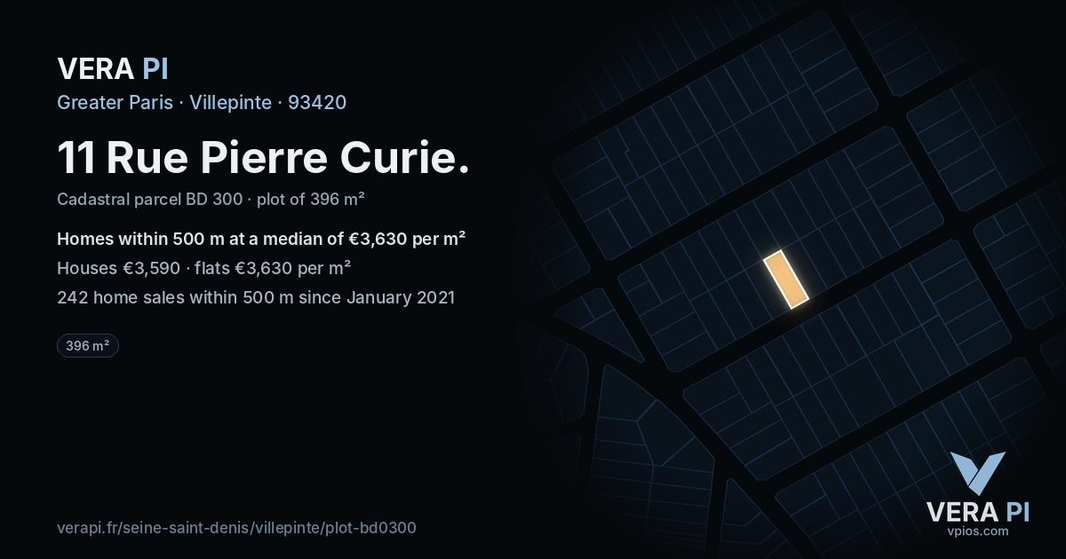 11 Rue Pierre Curie, Villepinte at night – the plot lit, the parcels around coloured by the prices near them