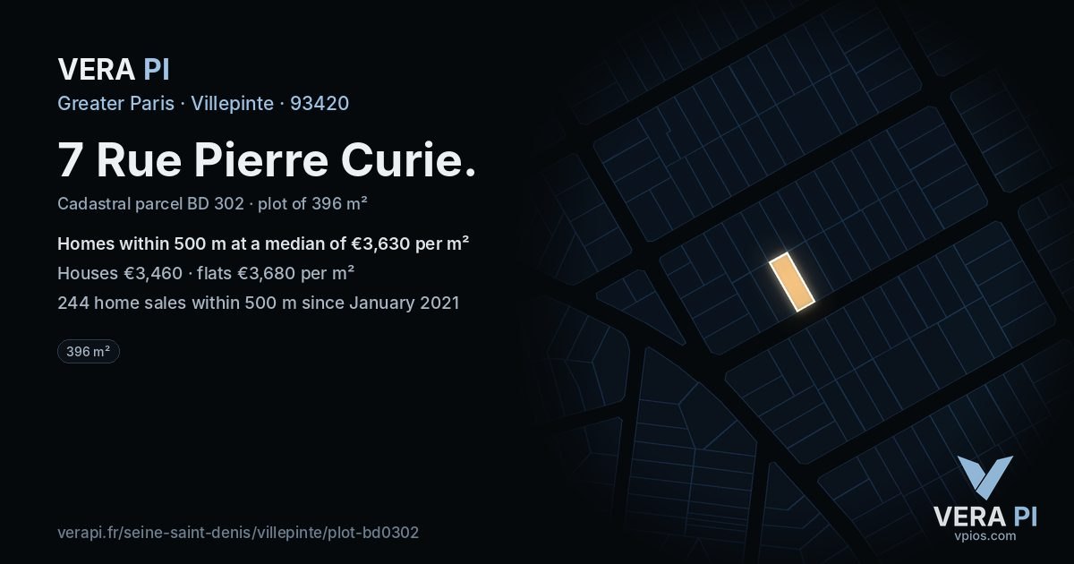 7 Rue Pierre Curie, Villepinte at night – the plot lit, the parcels around coloured by the prices near them
