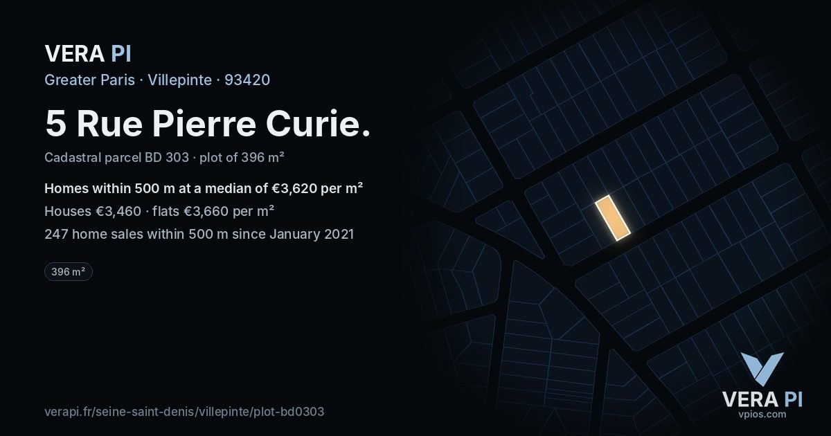 5 Rue Pierre Curie, Villepinte at night – the plot lit, the parcels around coloured by the prices near them