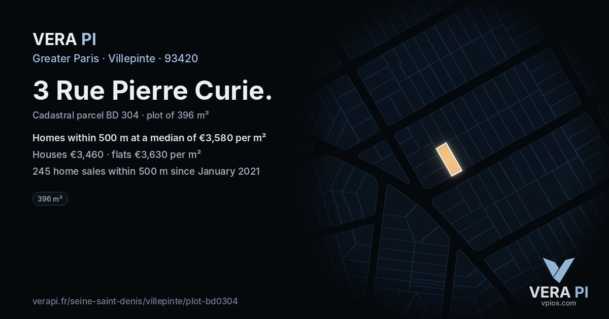 3 Rue Pierre Curie, Villepinte at night – the plot lit, the parcels around coloured by the prices near them