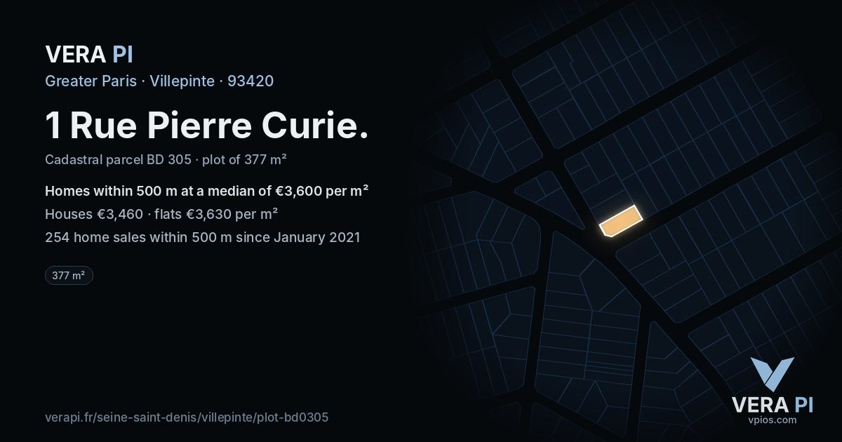 1 Rue Pierre Curie, Villepinte at night – the plot lit, the parcels around coloured by the prices near them