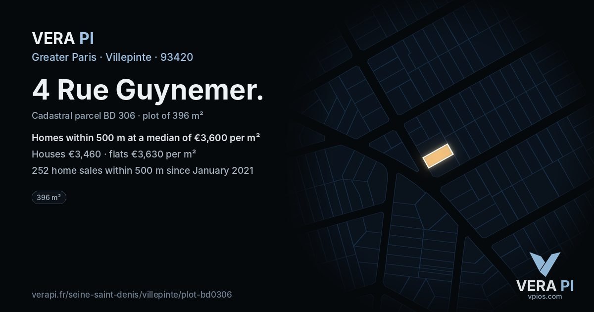 4 Rue Guynemer, Villepinte at night – the plot lit, the parcels around coloured by the prices near them