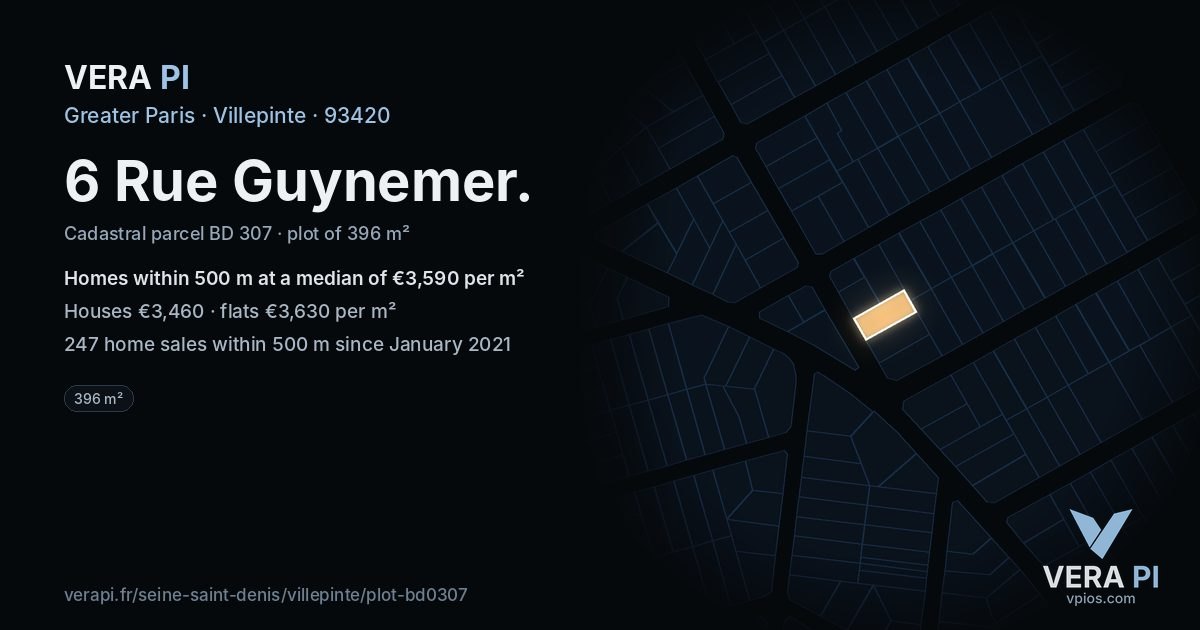 6 Rue Guynemer, Villepinte at night – the plot lit, the parcels around coloured by the prices near them