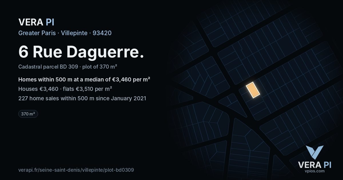 6 Rue Daguerre, Villepinte at night – the plot lit, the parcels around coloured by the prices near them