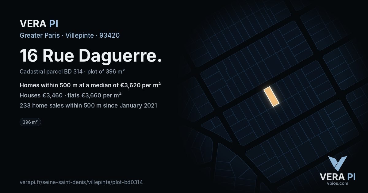 16 Rue Daguerre, Villepinte at night – the plot lit, the parcels around coloured by the prices near them